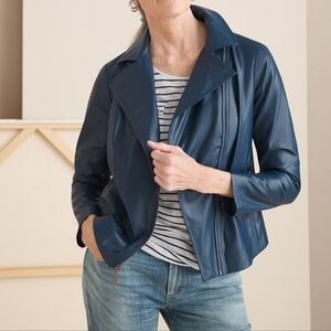 Chico's Women's Navy Blue Faux Leather Jacket with Knit Panels Butter Soft 4/6